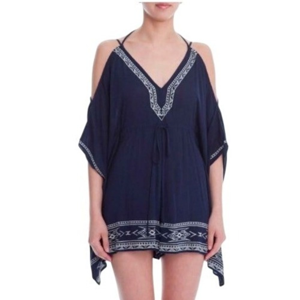 NWT Lush Clothing Navy Blue Embroidered Tribal Boho Swimsuit Cover Romper M